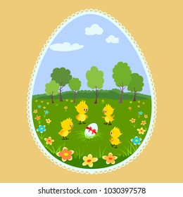 Vector illustration of chickens in meadow watching Easter egg