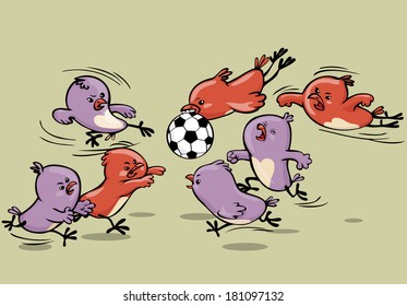 Vector illustration, chickens playing football, cartoon concept.