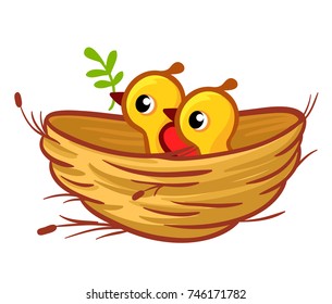 Vector illustration of the chicks sitting in the nest. Isolated birds in the cartoon style of children.
