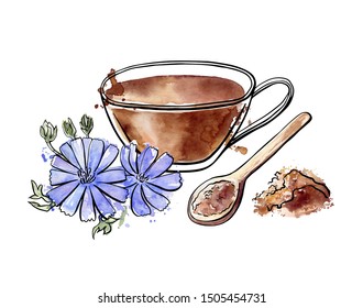 Vector illustration Chicory with hand drawn black ink outline and vibrant colorful watercolor texture isolated on white background. Alternative coffee beverage. Recipe card, poster, banner design.