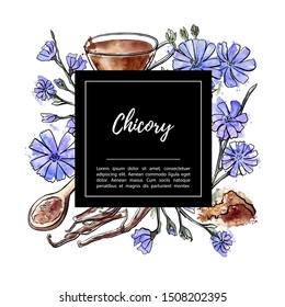 Vector illustration Chicory with hand drawn ink outline, bright watercolor texture and a black rectangle frame with place for your text. Dried roots, powder and flowers for healthy hot beverage.