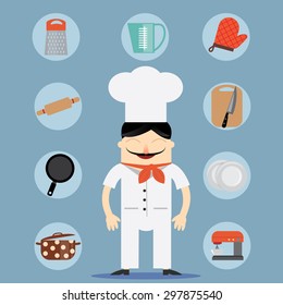 vector illustration of chief cook with different kitchenware on blue background for infographic and web design. Minimalistic design