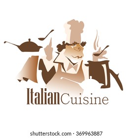Vector illustration of chief cooker made in flat vector style. Cafe and restaurant design element. Cook characters. Isolated objects on white background. Italian cuisine inscription.