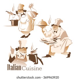 Vector illustration of chief cooker made in flat vector style. Cafe and restaurant design element. Cook characters. Isolated objects on white background. Italian cuisine inscription.