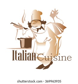 Vector illustration of chief cooker made in flat vector style. Cafe and restaurant design element. Cook characters. Isolated objects on white background. Italian cuisine inscription.