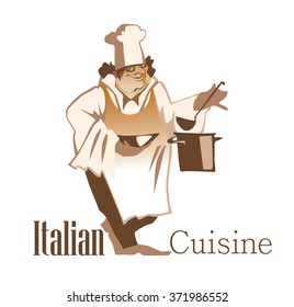 Vector illustration of chief cooker made in flat vector style. Cafe and restaurant design element. Cook characters. Isolated objects on white background. Italian cuisine inscription.