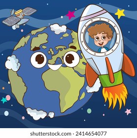 Vector Illustration Of child astronaut feels happy in space