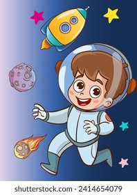 Vector Illustration Of child astronaut feels happy in space