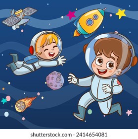 Ilustración vectorial del astronauta infantil se siente feliz en el espacio