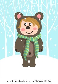 Vector illustration with a child in the bear suit. New year greeting card. For your design