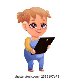 Vector illustration of a child of the Beta generation with a tablet, laptop