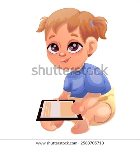 Vector illustration of a child of the Beta generation with a tablet, laptop