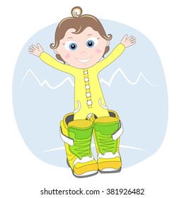 vector illustration of child in big snowboard boots 