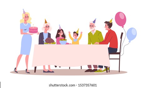 Vector illustration of child birthday party. Parents congradulate their kid. Happy family celebrate a birthday.