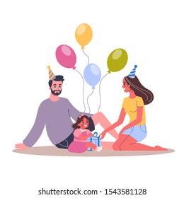 Vector illustration of child birthday party. Parents congradulate their kid. Happy family celebrate a birthday.