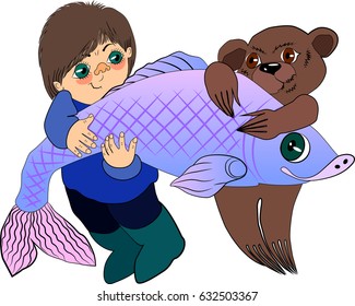 vector illustration for child book - bear and boy caught a big fish.