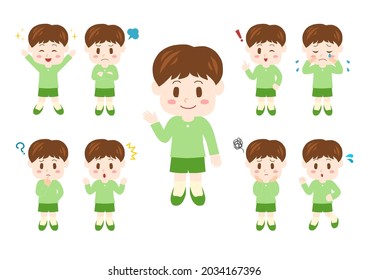 Vector illustration of child. Boy emotion. Happy, angry, crying, laughing, troubled, impatient. Various facial expressions and gestures. Icon set. 