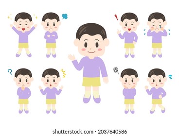 Vector illustration of child. Boy emotion. Happy, angry, crying, laughing, troubled, impatient. Various facial expressions and gestures. Icon set. 