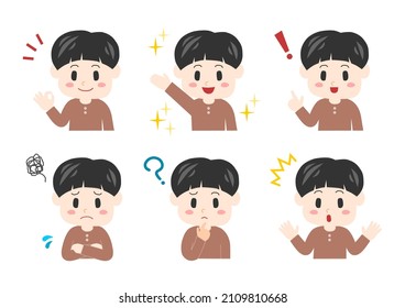 Vector illustration of child. Boy expressions set. Vector illustration.