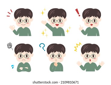Vector illustration of child. Boy expressions set. Vector illustration.