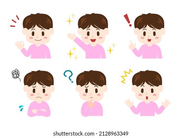 Ilustración vectorial del niño. Conjunto de expresiones de chico. Ilustración vectorial.