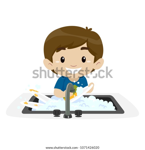 Vector Illustration Child Boy Washing Dishes Stock Vector (Royalty Free ...