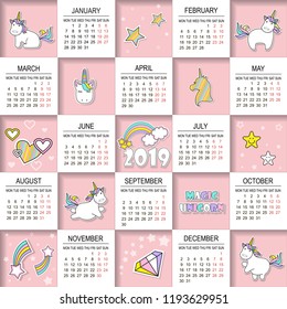 vector illustration child calendar for 2019 with cute unicorn, magic unicorn icon set