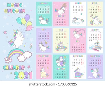 Vector Illustration Child Calendar For 2021 With Cute Unicorn, Magic Unicorn Icon Set