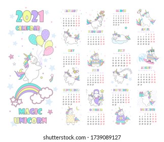 Vector illustration child calendar for 2021 with cute unicorn, magic unicorn icon set