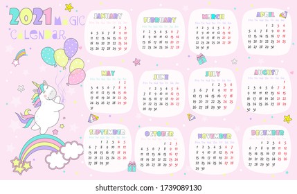 Vector illustration child calendar for 2021 with cute unicorn, magic unicorn icon set