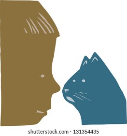 Vector illustration of a child and a cat
