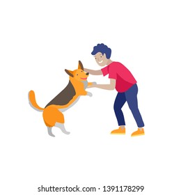 Vector illustration of child with cats and dog. Happy, funny kids playing, love and taking care of kittens, pet animals in flat cartoon style.