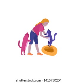 Vector illustration of child with cats and dog. Happy, funny kids playing, love and taking care of kittens, pet animals in flat cartoon style.