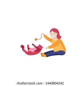 Vector illustration of child with cats and dog. Happy, funny kids playing, love and taking care of kittens, pet animals in flat cartoon style.