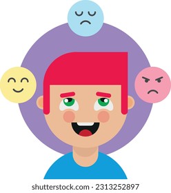 Vector illustration of a child character surrounded by emotions. Management and control of emotions. Child feeling different emotions.