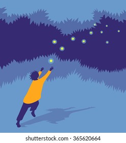 vector illustration child chasing fireflies at night