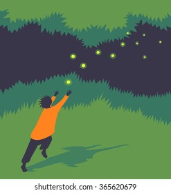 Vector Illustration Child Chasing Fireflies At Night