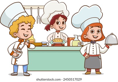 Vector illustration of child cooks. Cartoon mascots in various dynamic poses. People boy and girl chef in white hats, vector illustration