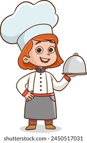 Ilustración vectorial de niños cocineros. Mascotas de dibujos animados en varias poses dinámicas. Personas chico y chica chef en sombreros blancos, Ilustración vectorial