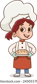 Vector illustration of child cooks. Cartoon mascots in various dynamic poses. People boy and girl chef in white hats, vector illustration