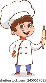 Ilustración vectorial de niños cocineros. Mascotas de dibujos animados en varias poses dinámicas. Personas chico y chica chef en sombreros blancos, Ilustración vectorial