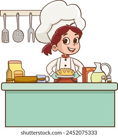 Vector illustration of child cooks. Cartoon mascots in various dynamic poses. People boy and girl chef in white hats, vector illustration