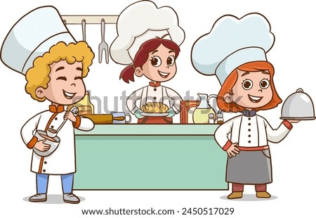 Vector illustration of child cooks. Cartoon mascots in various dynamic poses. People boy and girl chef in white hats, vector illustration