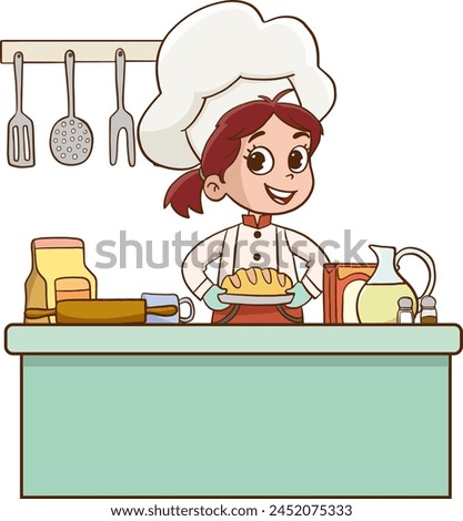 Vector illustration of child cooks. Cartoon mascots in various dynamic poses. People boy and girl chef in white hats, vector illustration