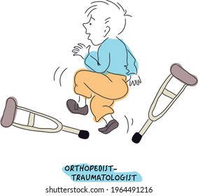 vector illustration child with crutches recovered after visiting orthopedic traumatologist doctor