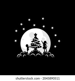 Vector illustration of a child decorating a christmas tree on the moon