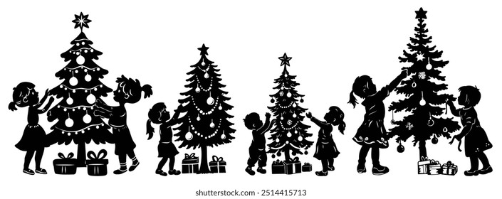 Vector illustration of a child decorating a Christmas tree with ornaments and lights, perfect for holiday designs