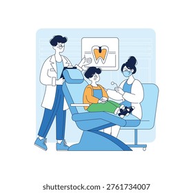 Vector illustration of a child at a dental appointment, seated in the dentist chair, with two dental professionals present. The child looks curious as the dentist explains dental care.