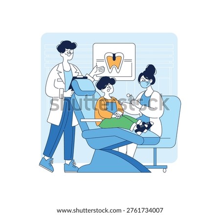 Vector illustration of a child at a dental appointment, seated in the dentist chair, with two dental professionals present. The child looks curious as the dentist explains dental care.