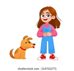 Vector illustration of child with  dog. Happy, funny girl playing, love and taking care of dog  in flat cartoon style.
